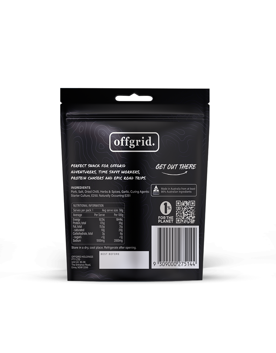 Offgrid wood smoked salami snack chilli flavour