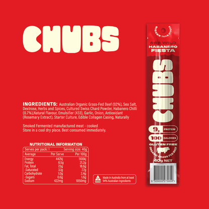 CHUBS HABANERO FIESTA BEEF STICK - 12 PACK - 40gr each